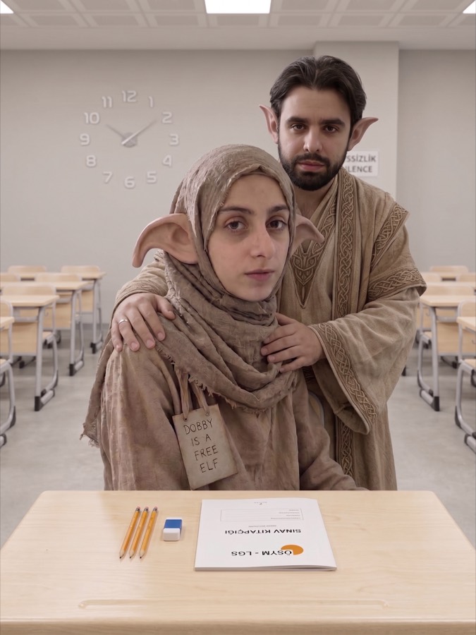 Sınav masasında Dobby kostümlü öğrenci ve arkasında ona destek olan ablası/abisi